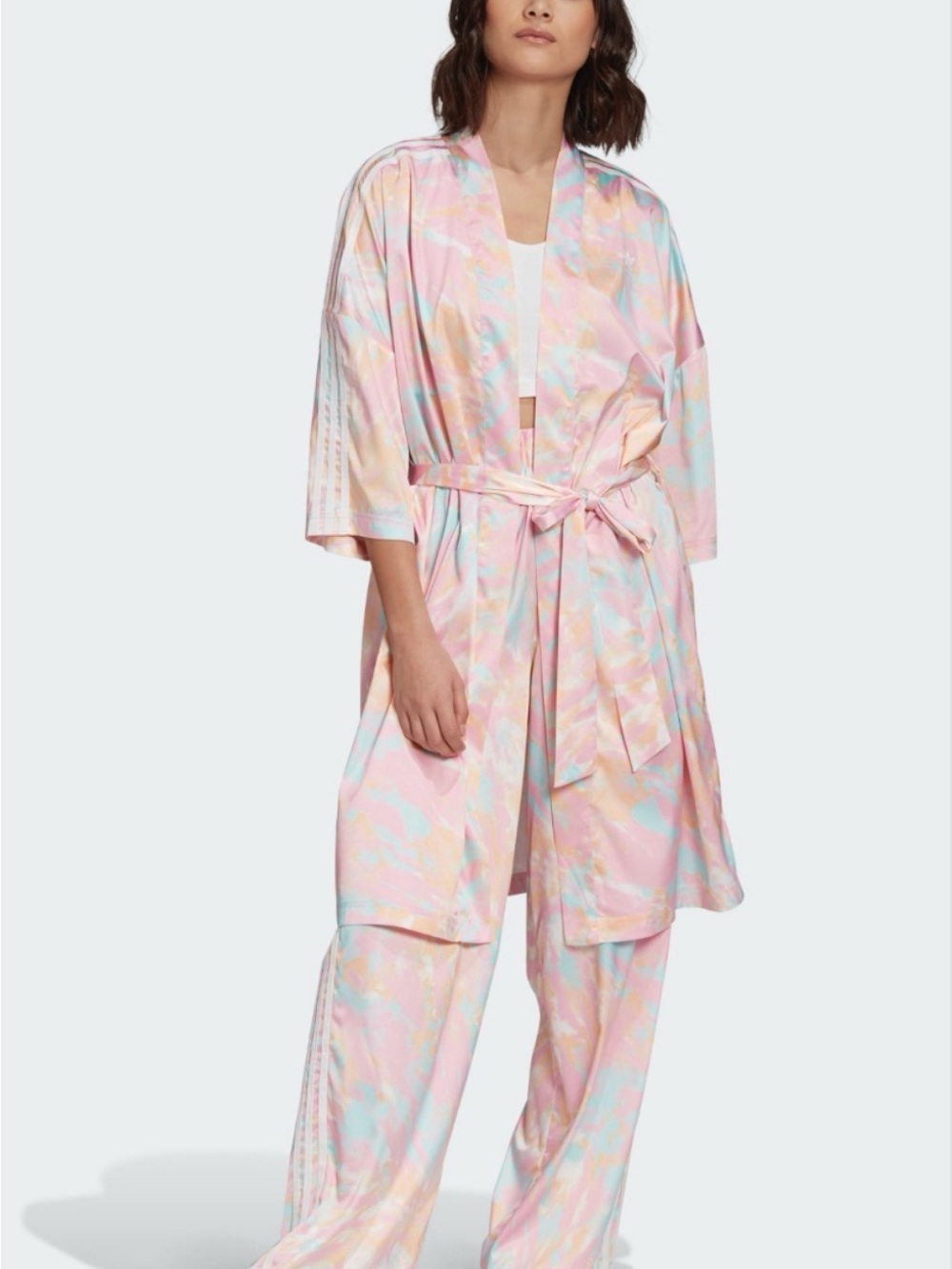 PANTS Pastel Satin Kimono Robe with Matching Pants - Pink Multi Adidas